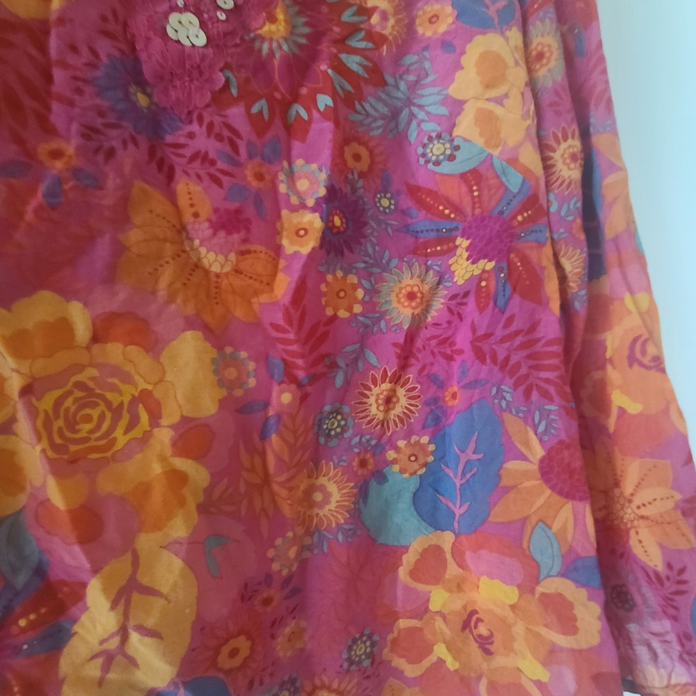 Sigrid Olsen Pink and Orange Floral Sequin V-Neck Blouse - Picture 2 of 7